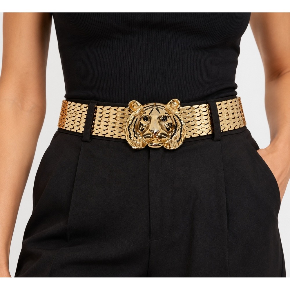 Vintage Tiger Belt Gold Tone Metal Accessory Accent Scale Stretch 90s Glam Retro